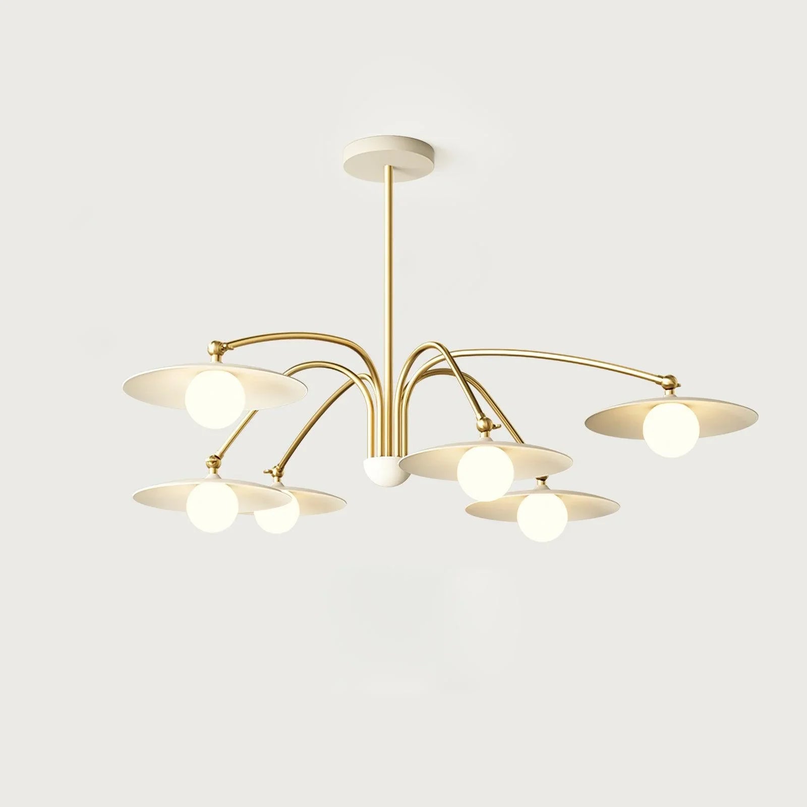 Modern 6-head pendant chandelier with gold and white champignon-style shades by YH Lamps