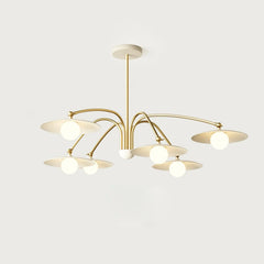 Modern 6-head pendant chandelier with gold and white champignon-style shades by YH Lamps