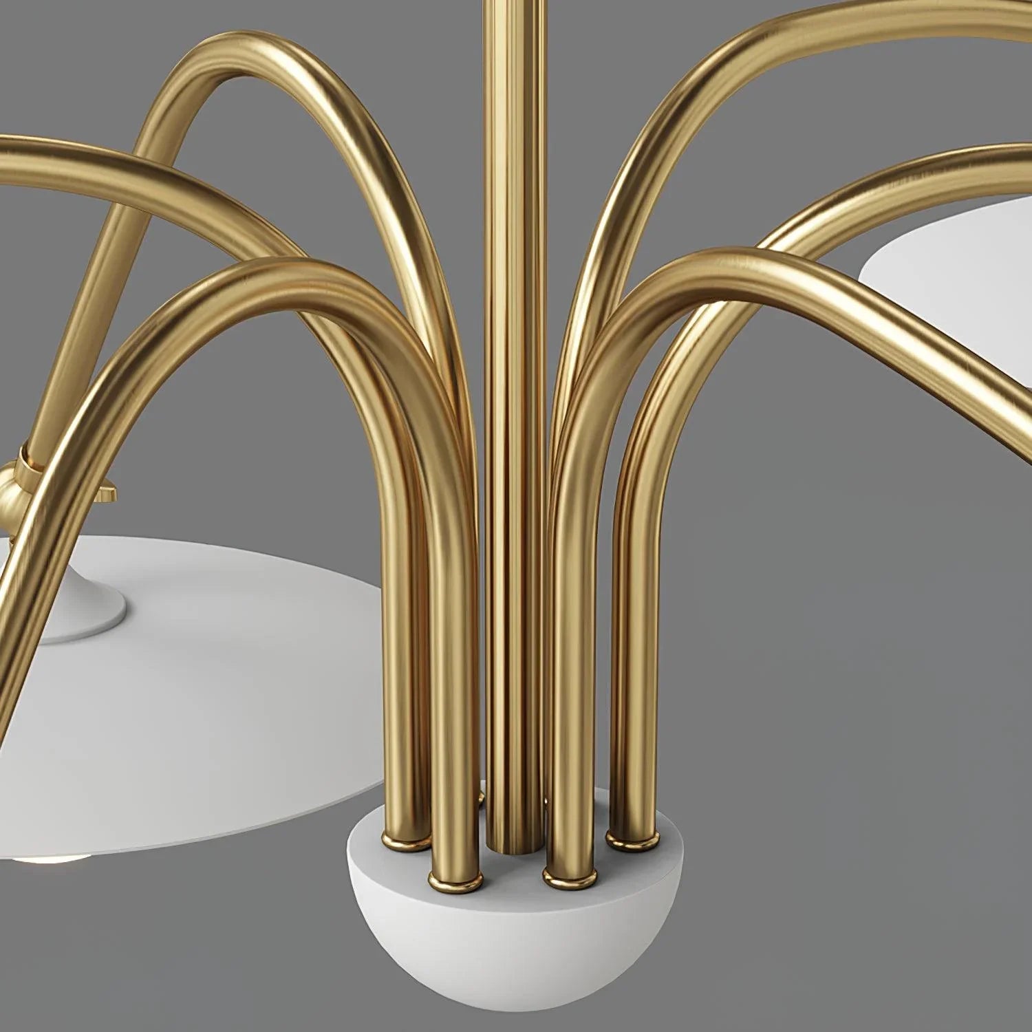 Modern six-head gold and white pendant chandelier with curved metal arms and dome shades