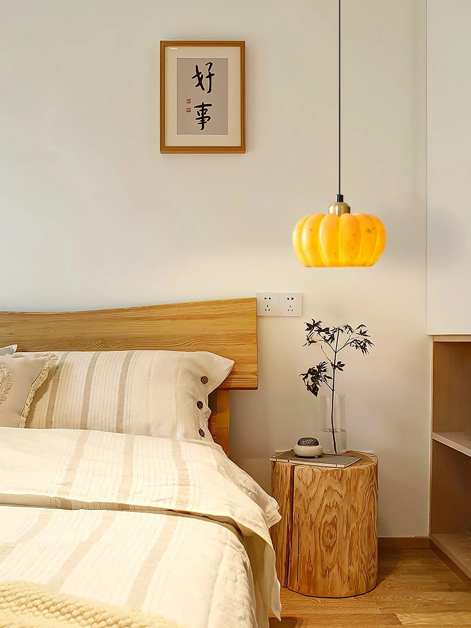 Yellow pumpkin pendant lamp chandelier in cozy modern bedroom, YH Lamps home lighting