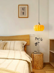 Yellow pumpkin pendant lamp chandelier in cozy modern bedroom, YH Lamps home lighting