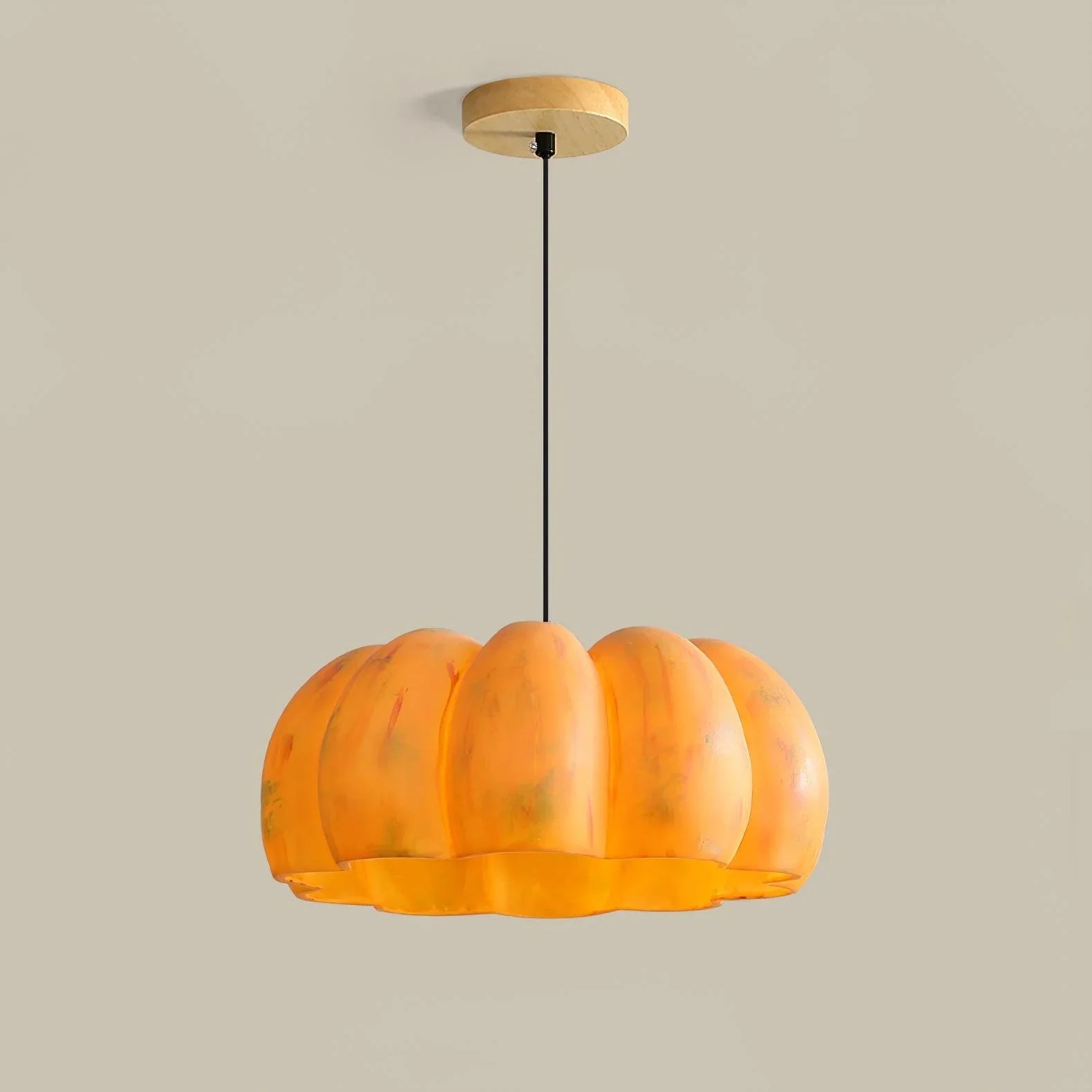 Modern yellow pumpkin-shaped pendant chandelier with a wood ceiling mount from YH Lamps