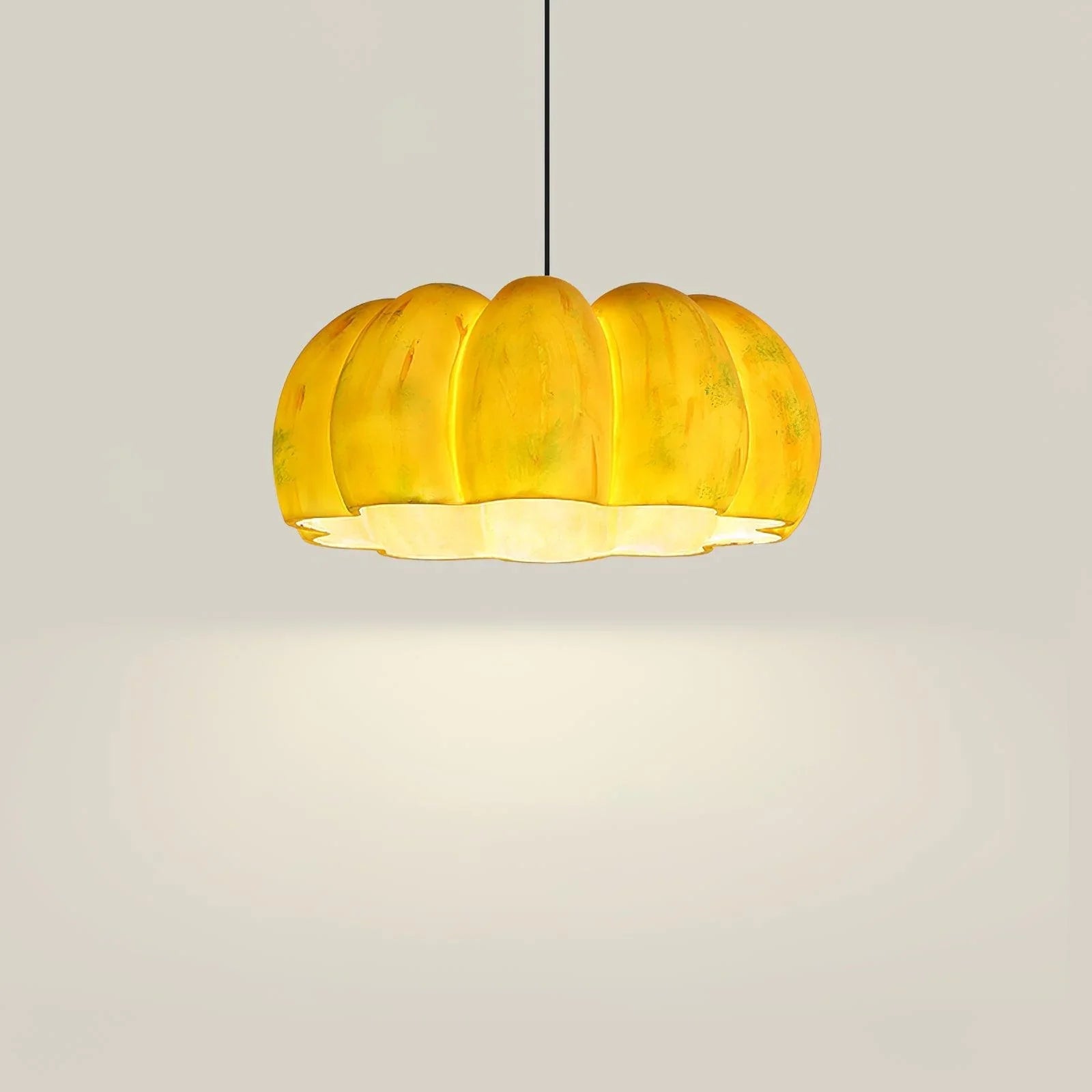Modern yellow pumpkin-shaped pendant lamp chandelier from YH Lamps on a neutral background.