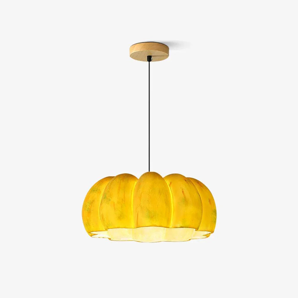 Yellow pumpkin-shaped pendant chandelier with wood ceiling mount, YH Lamps modern lighting