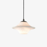 Modern alabaster pendant lamp with black metal fixture, saucer-shaped chandelier lighting
