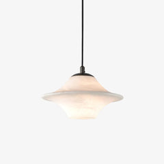 Modern alabaster pendant lamp with black metal fixture, saucer-shaped chandelier lighting