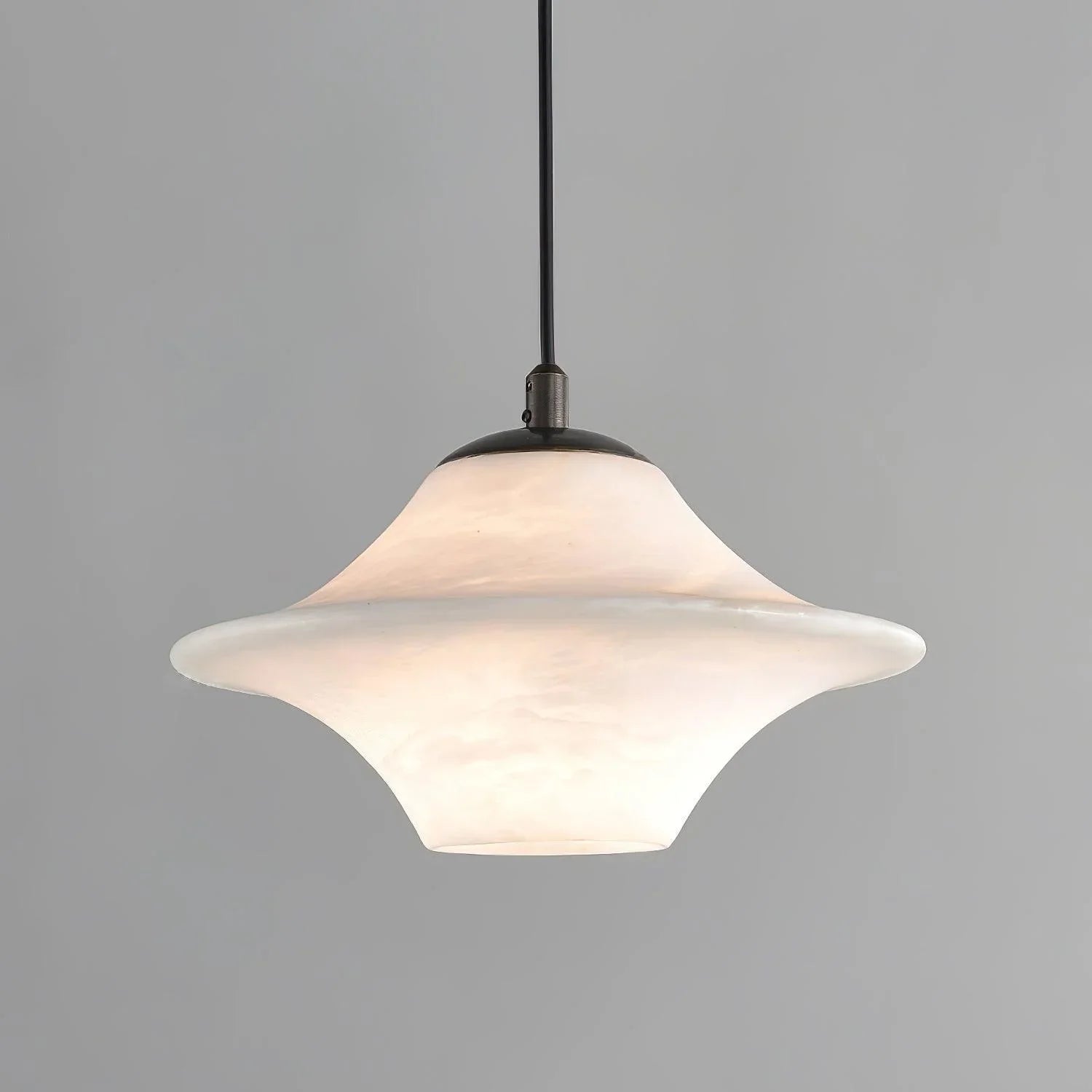 Modern black and white saucer-shaped alabaster pendant lamp with soft glow, YH Lamps lighting