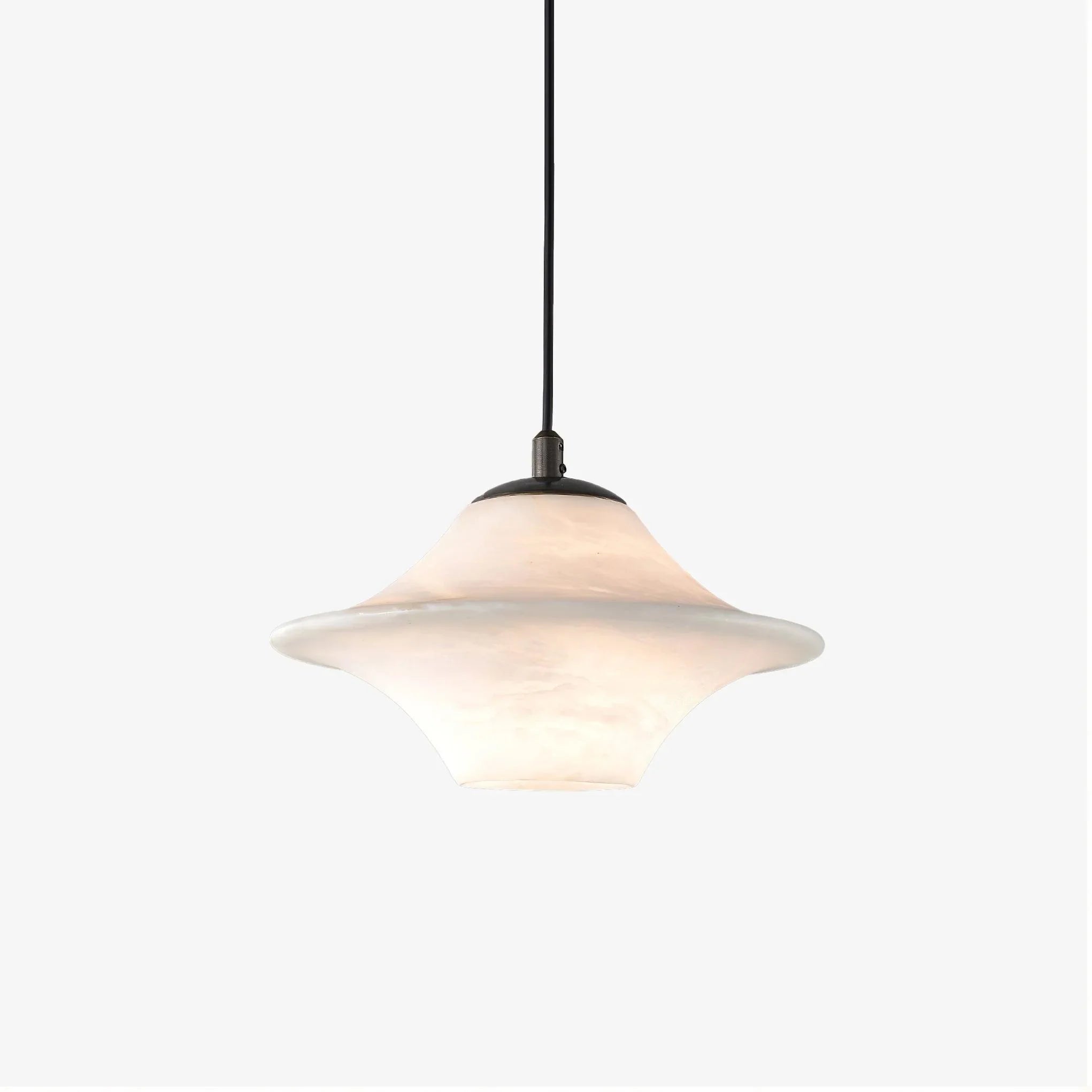 Modern alabaster pendant lamp with black fixture and unique saucer-shaped shade by YH Lamps
