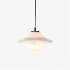 Modern alabaster pendant lamp with black fixture and unique saucer-shaped shade by YH Lamps