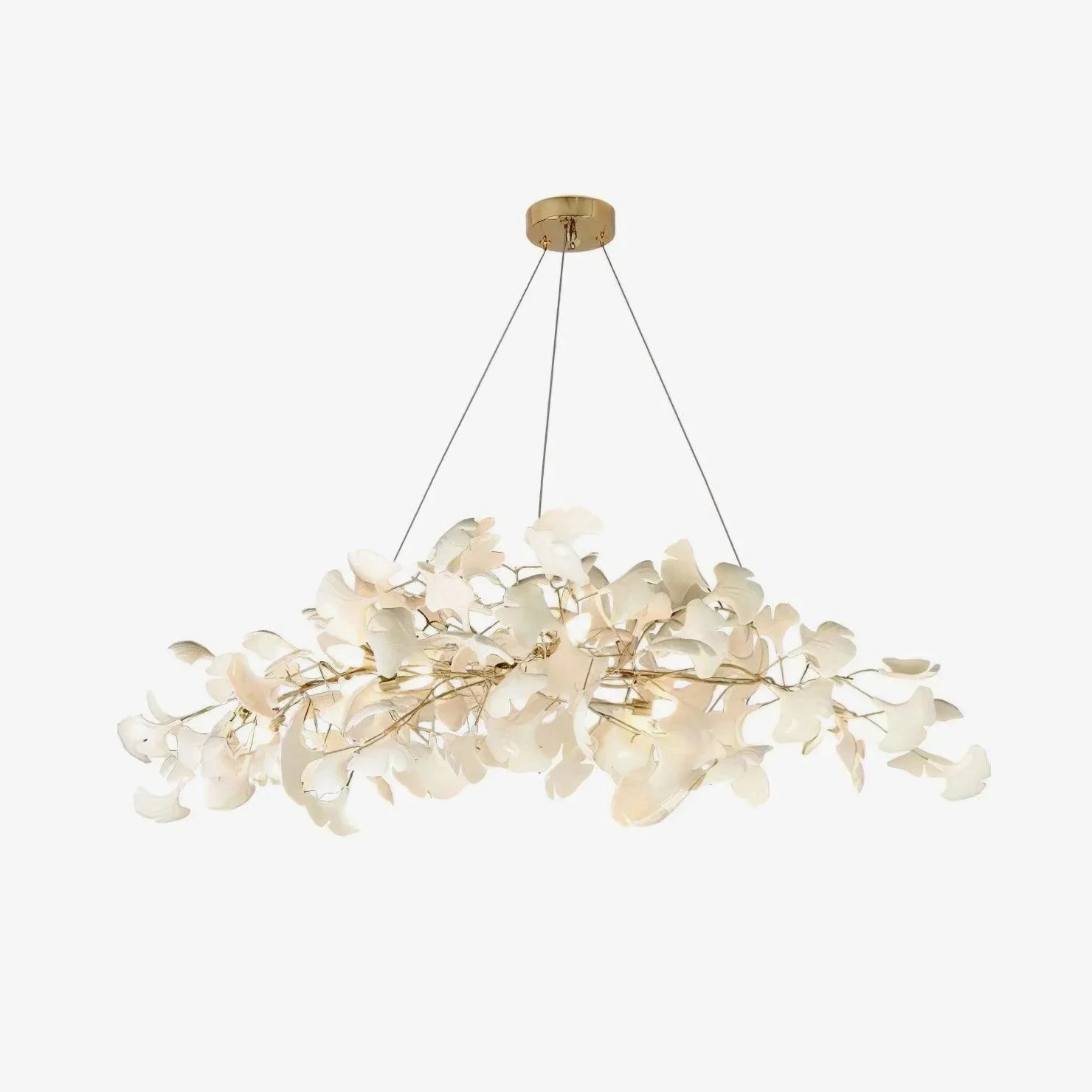Modern gold and white ginkgo leaf chandelier pendant lamp suspended by wires