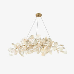 Modern gold and white ginkgo leaf chandelier pendant lamp suspended by wires