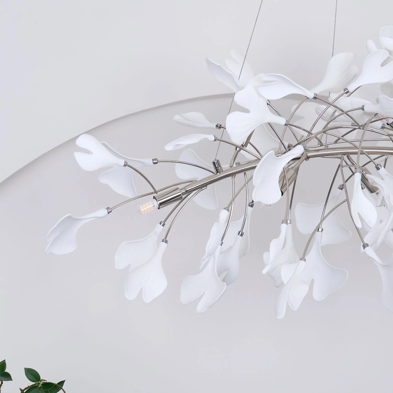 Modern gold and white gingko chandelier pendant lamp with sculptural leaf design by YH Lamps