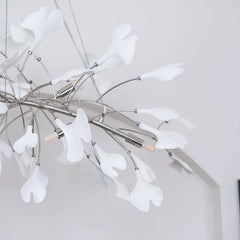 Modern white ginkgo leaf pendant chandelier with silver metal frame, stylish home lighting fixture