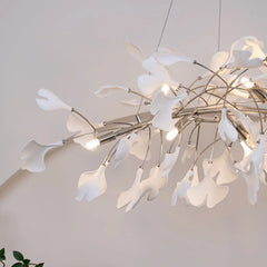 Modern gold and white gingko leaf chandelier pendant lamp with multiple light bulbs, elegant home lighting fixture