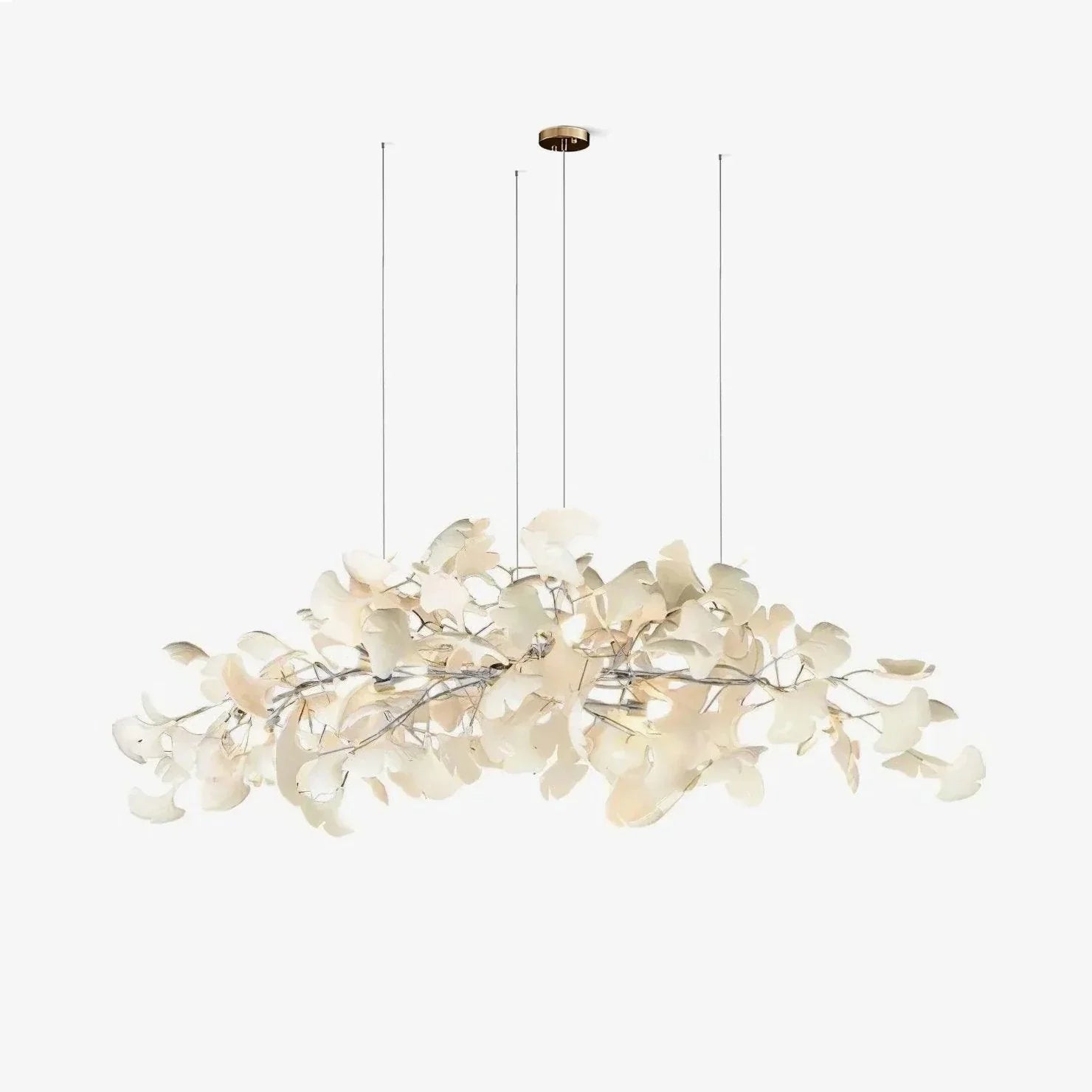 Modern gold and white Gingko leaf chandelier pendant lamp suspended by three cables, elegant home lighting
