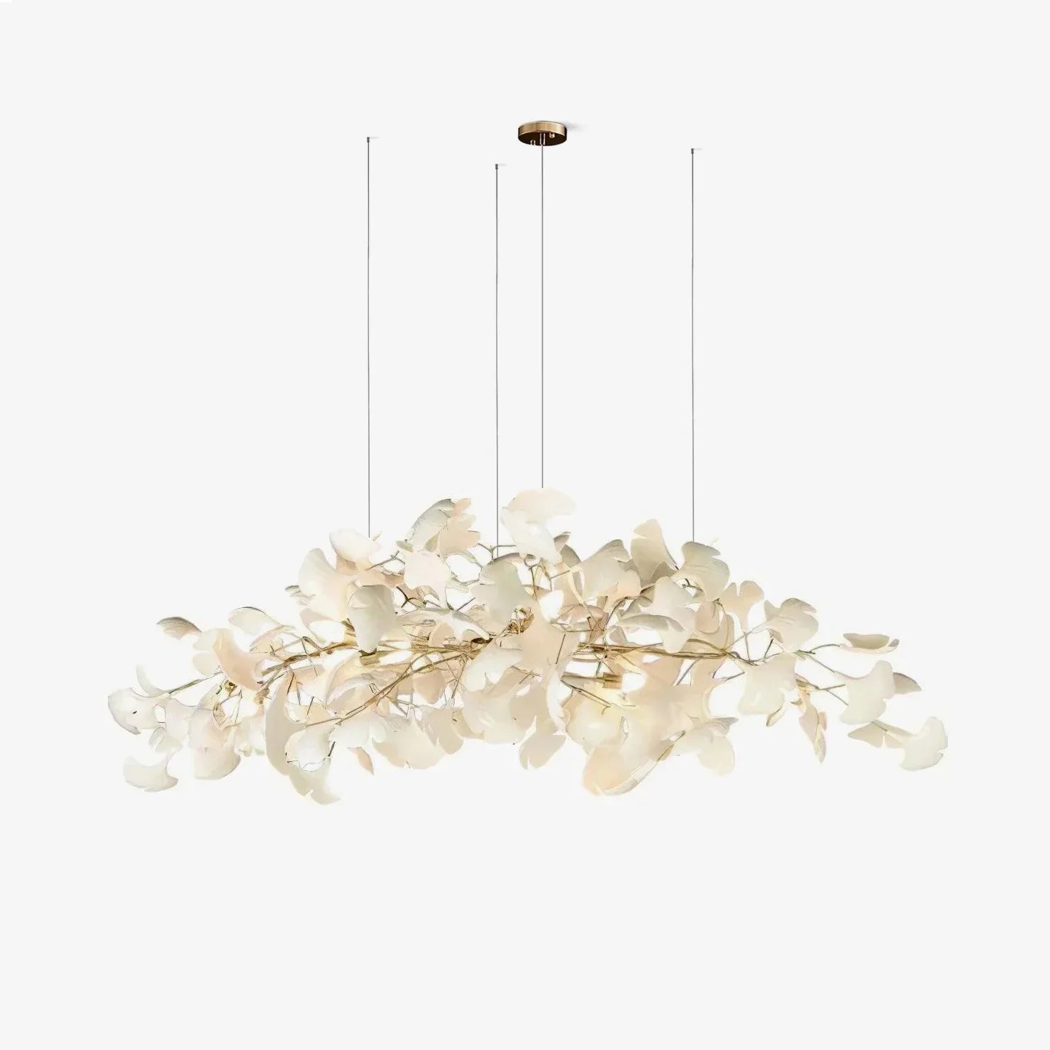 Modern gold and white gingko leaf chandelier pendant lamp by YH Lamps with delicate translucent petals