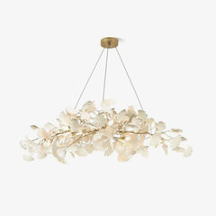 Modern gold and white gingko leaf chandelier pendant lamp with delicate translucent leaves hanging on wires