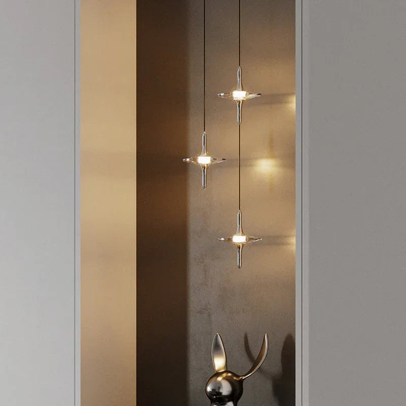 Modern crystal pendant lamps from YH Lamps in a minimal hallway, elegant designer lighting
