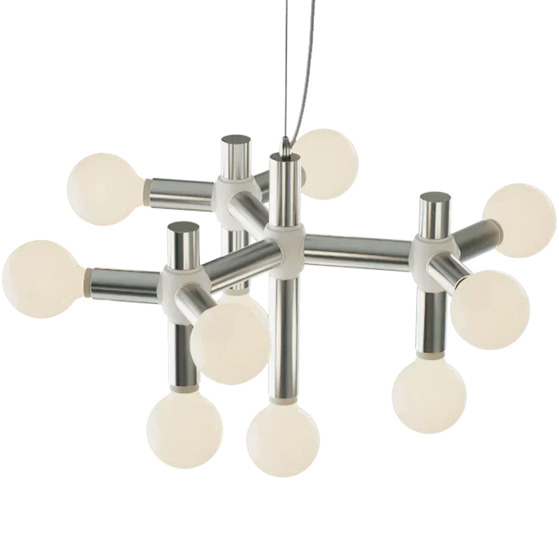Modern silver 10-head space age chandelier with frosted glass globes by YH Lamps