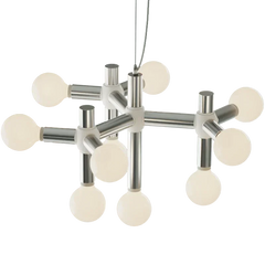 Modern silver 10-head space age chandelier with frosted glass globes by YH Lamps