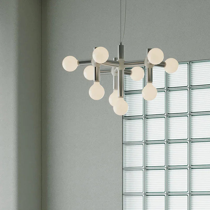 Modern silver 10-head space age chandelier pendant lamp by YH Lamps in a minimalist room
