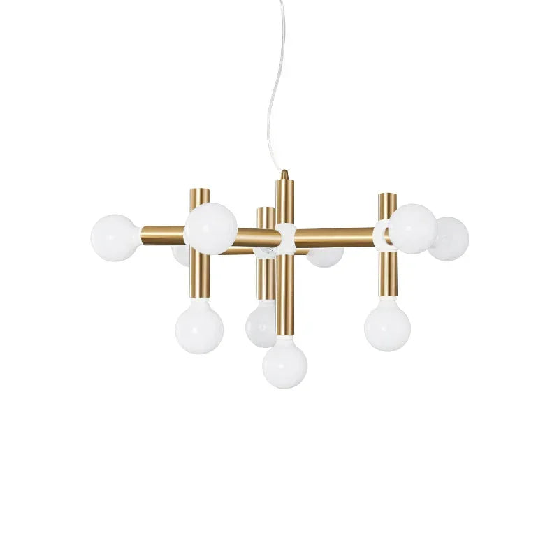 Modern space age chandelier with 10 white bulbs and gold finish by YH Lamps