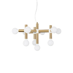 Modern space age chandelier with 10 white bulbs and gold finish by YH Lamps