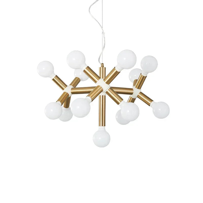 Modern space-age chandelier with 10 gold arms and white globe bulbs by YH Lamps