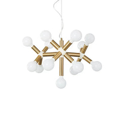 Modern space-age chandelier with 10 gold arms and white globe bulbs by YH Lamps