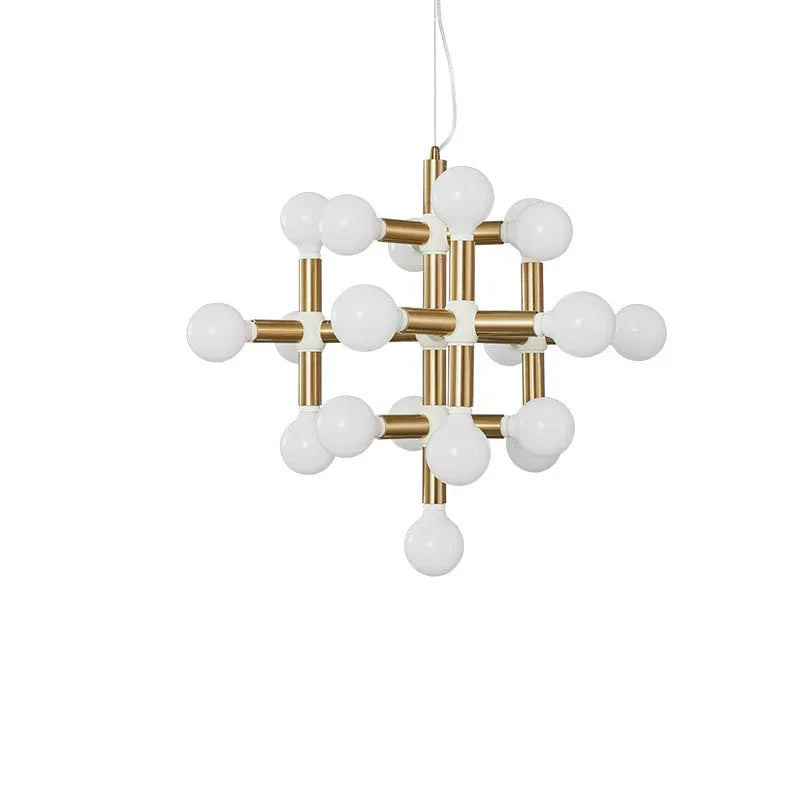 Modern space age chandelier with ten white globe bulbs and gold rods by YH Lamps