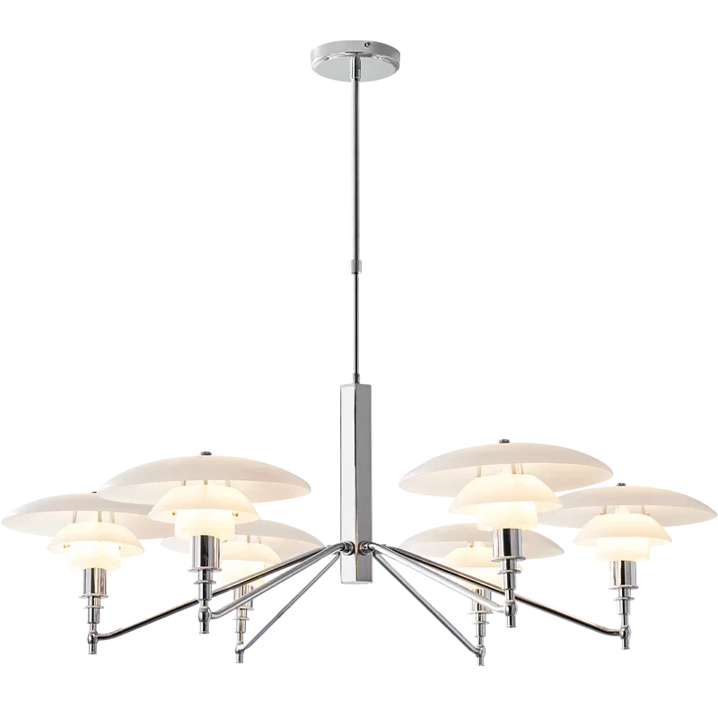 Modern silver five-light chandelier with white glass shades, designer pendant lamp by YH Lamps