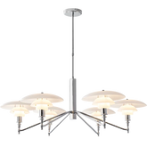 Modern silver five-light chandelier with white glass shades, designer pendant lamp by YH Lamps