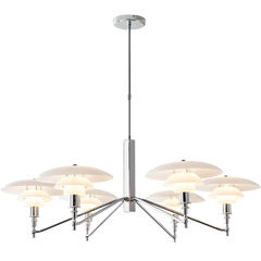 Modern silver five-light chandelier with white glass shades, designer pendant lamp by YH Lamps