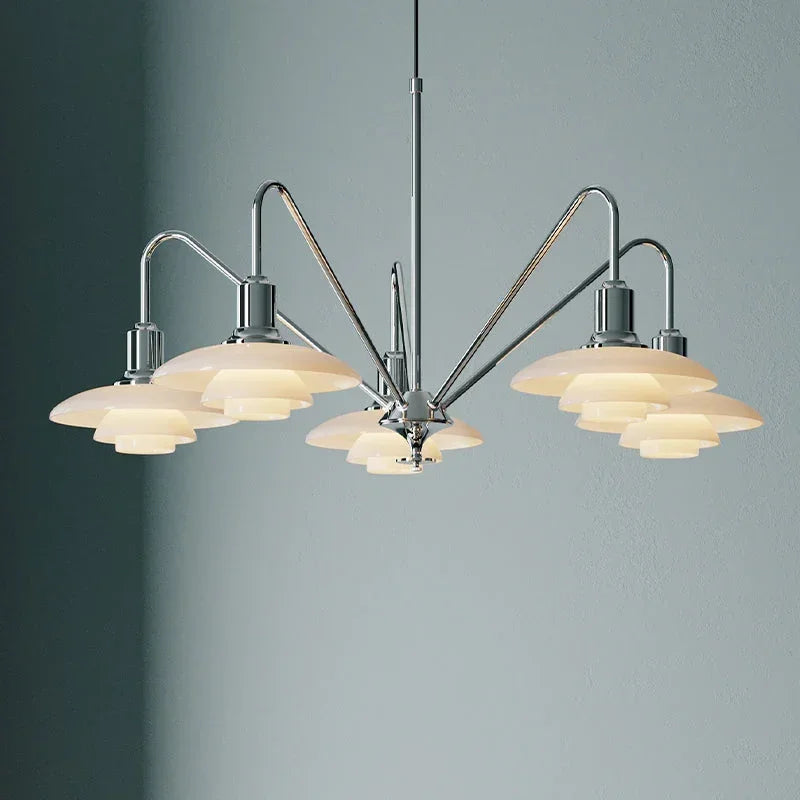 Modern silver pendant lamp chandelier with layered glass shades, designer lighting from YH Lamps