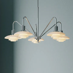 Modern silver pendant lamp chandelier with layered glass shades, designer lighting from YH Lamps