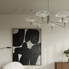 Modern silver pendant chandelier with five glass shades in a stylish living room, YH Lamps