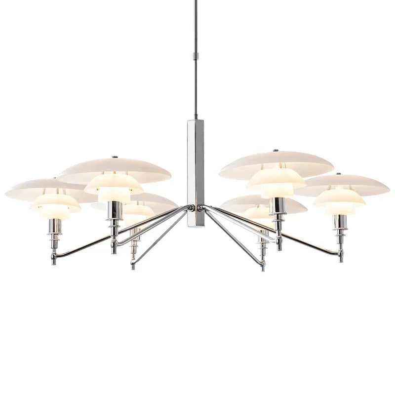 Modern silver pendant chandelier with five arms and white glass shades from YH Lamps