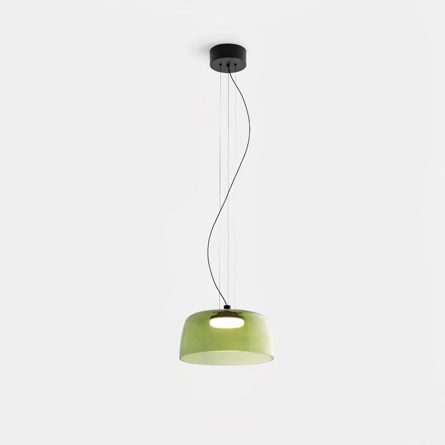 Modern green glass pendant lamp with round black ceiling mount and warm white light