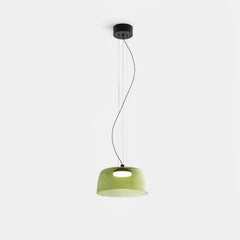 Modern green glass pendant lamp with round black ceiling mount and warm white light