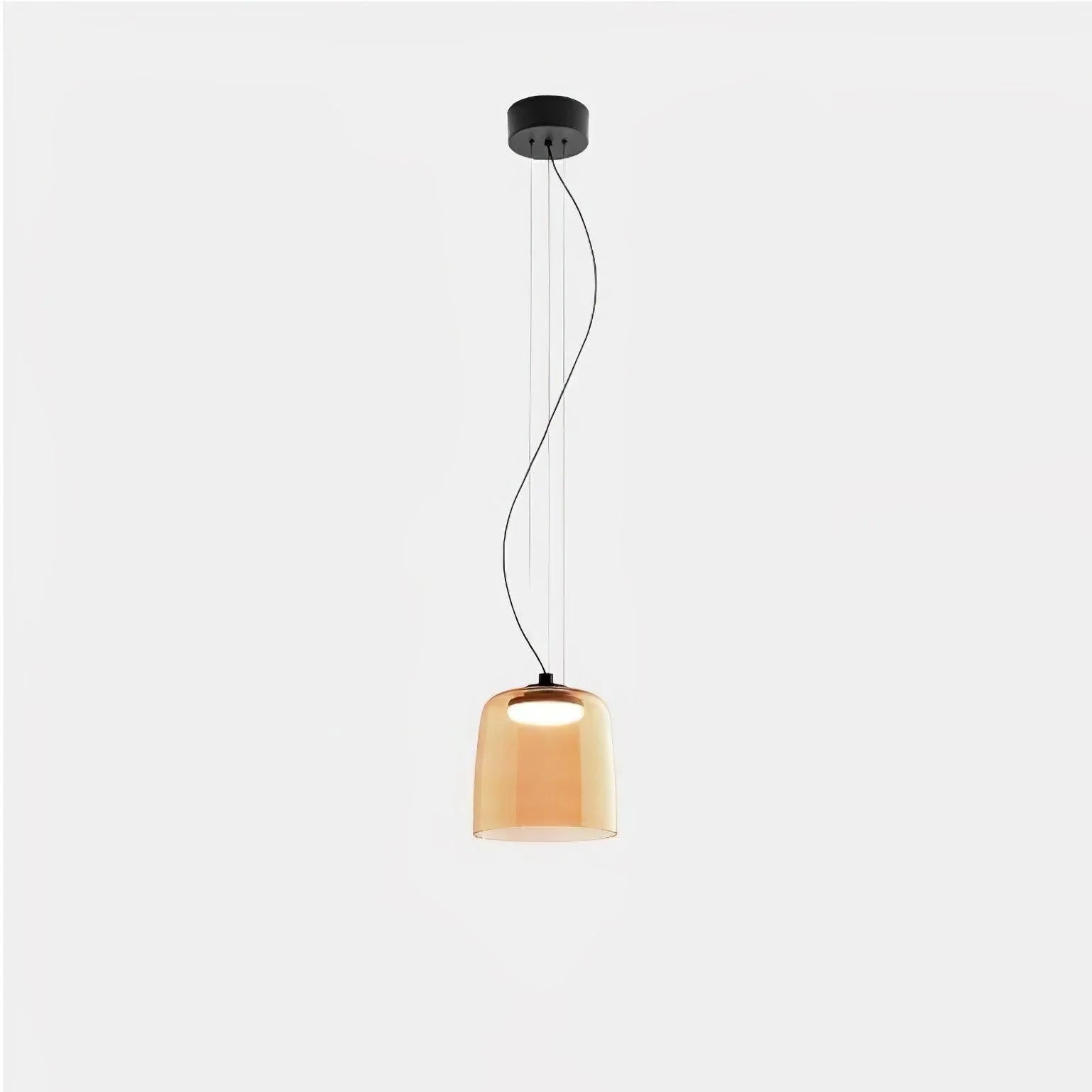 Modern single-layer pendant lamp with amber glass shade and warm light, suspended from black ceiling mount