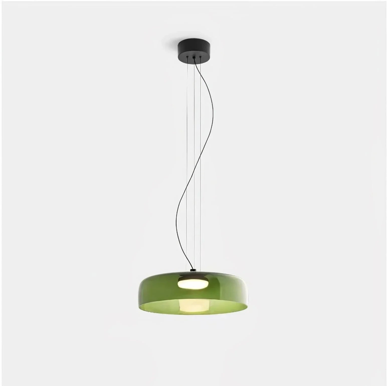 Modern green glass pendant chandelier with warm light, sleek black ceiling mount, contemporary home lighting