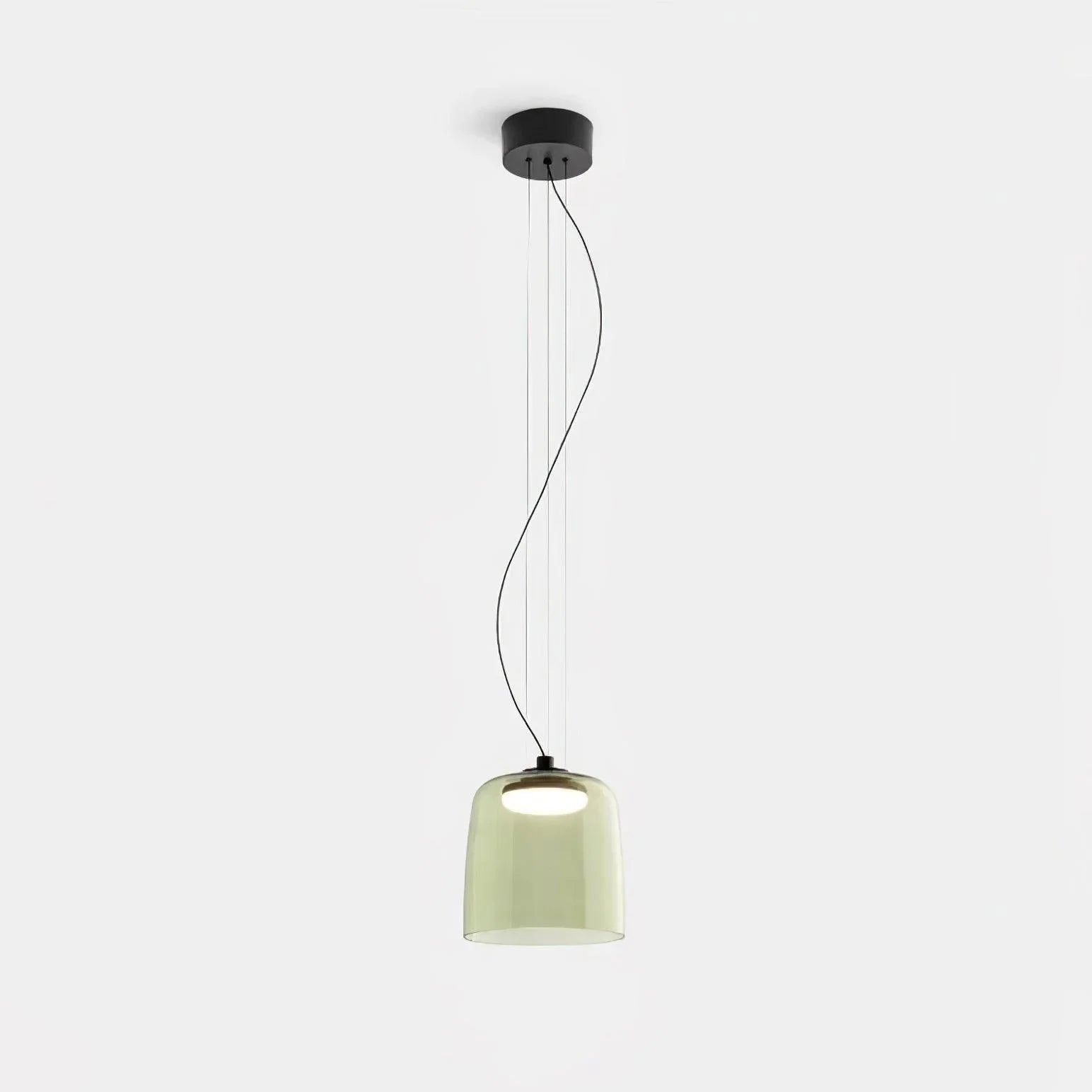 Modern single-layer pendant lamp with smoke grey glass shade and warm LED light, suspended from black ceiling mount