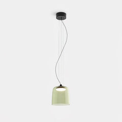 Modern single-layer pendant lamp with smoke grey glass shade and warm LED light, suspended from black ceiling mount