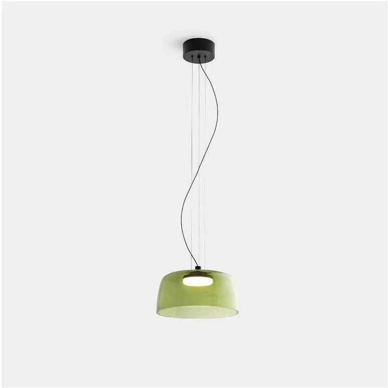 Modern green glass pendant lamp with black ceiling mount and warm light from YH Lamps