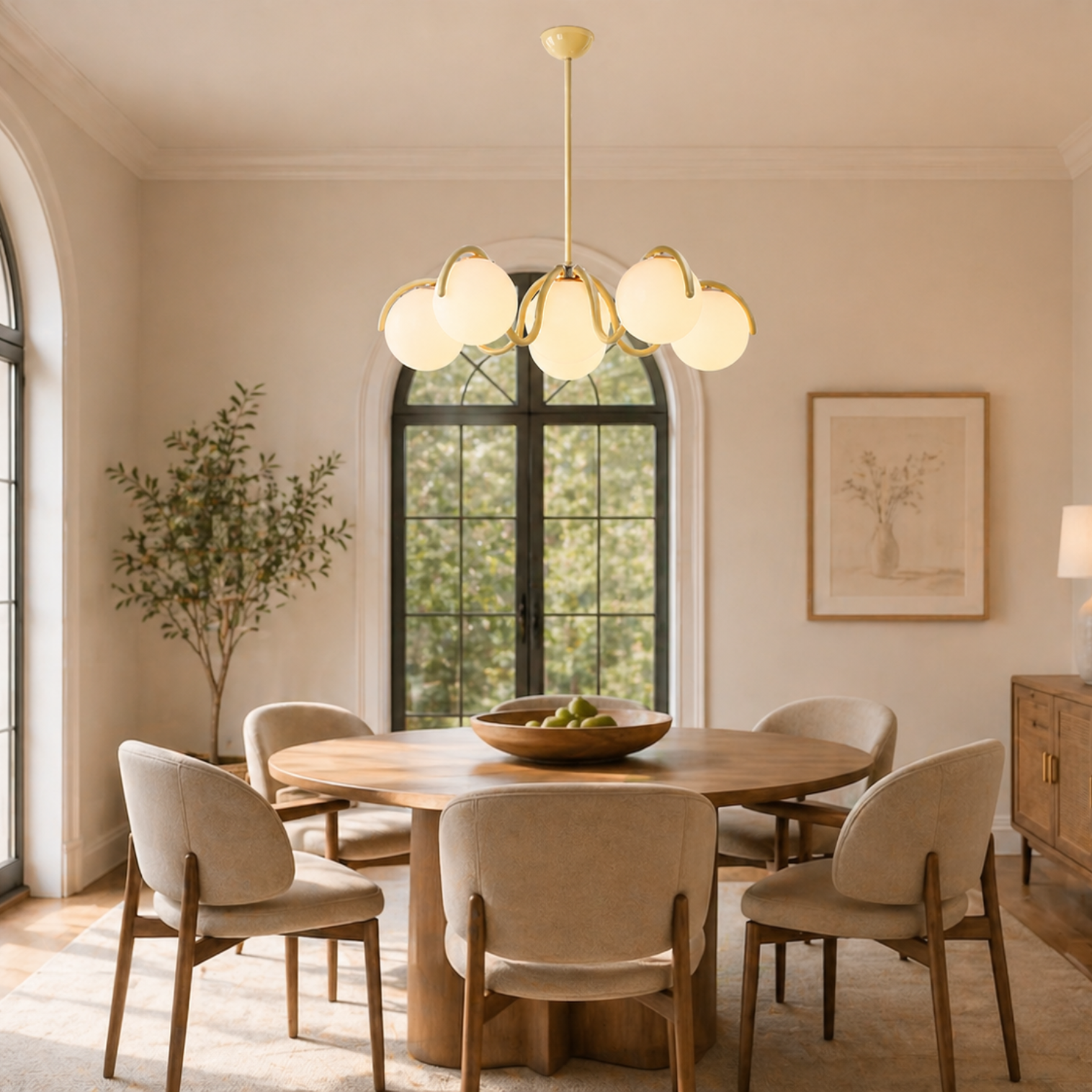Reedway curve linear chandelier with five creamy yellow-white globe shades suspended over a modern round wooden dining table in a sunlit room - YH Lamps