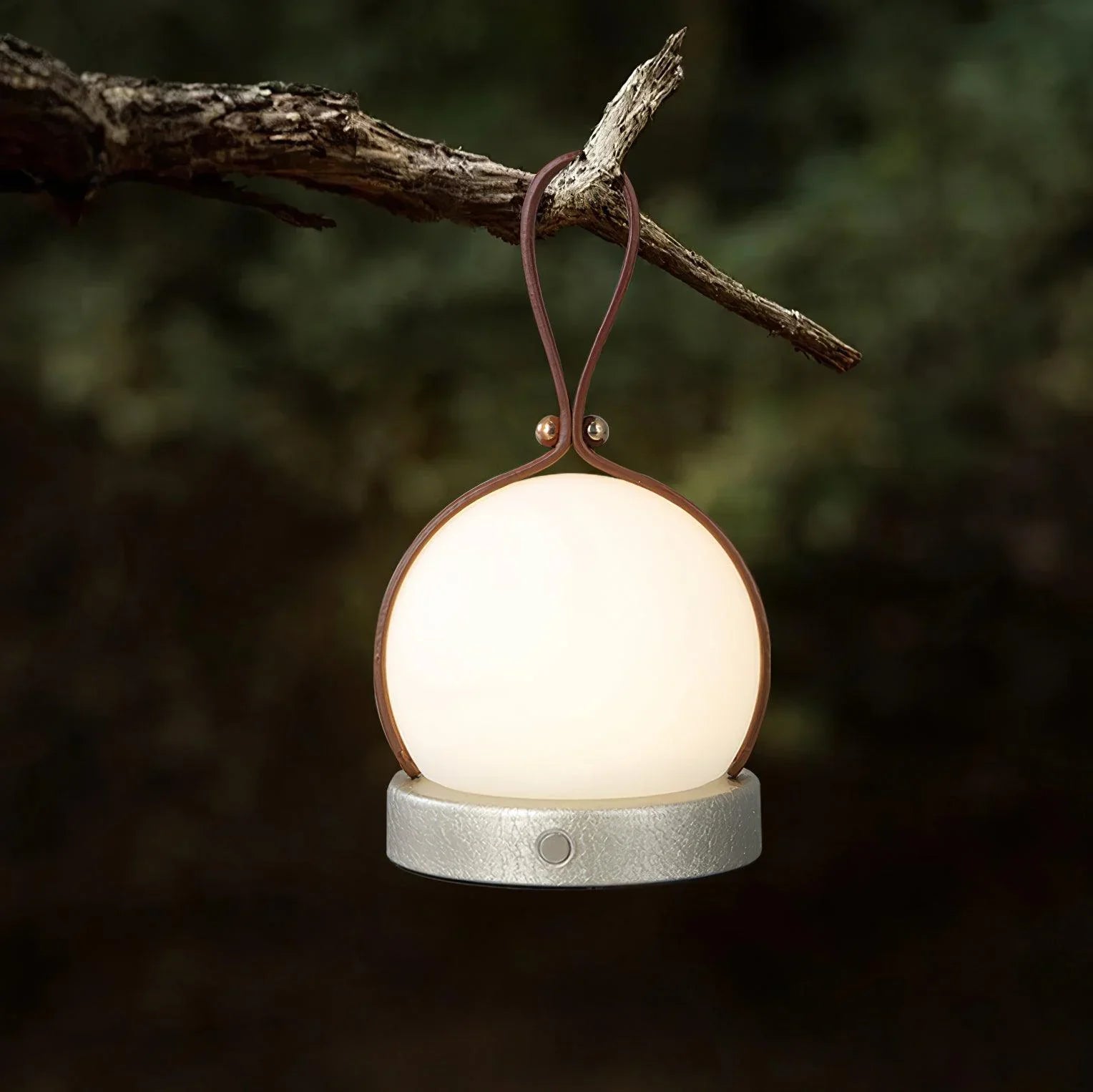 Modern round portable table lamp with brown handle, touch switch, glowing outdoors, YH Lamps