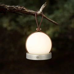 Modern round portable table lamp with brown handle, touch switch, glowing outdoors, YH Lamps