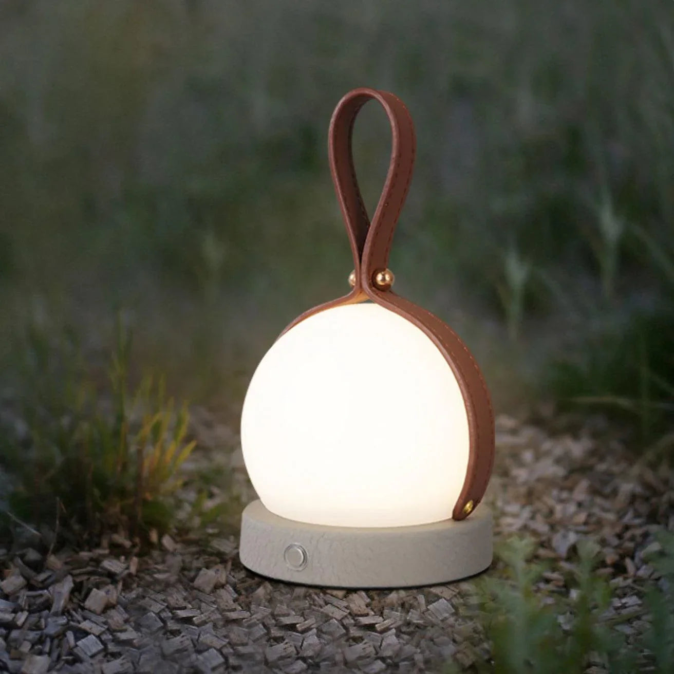 Modern round table lamp with leather handle, glowing outdoors on gravel, YH Lamps