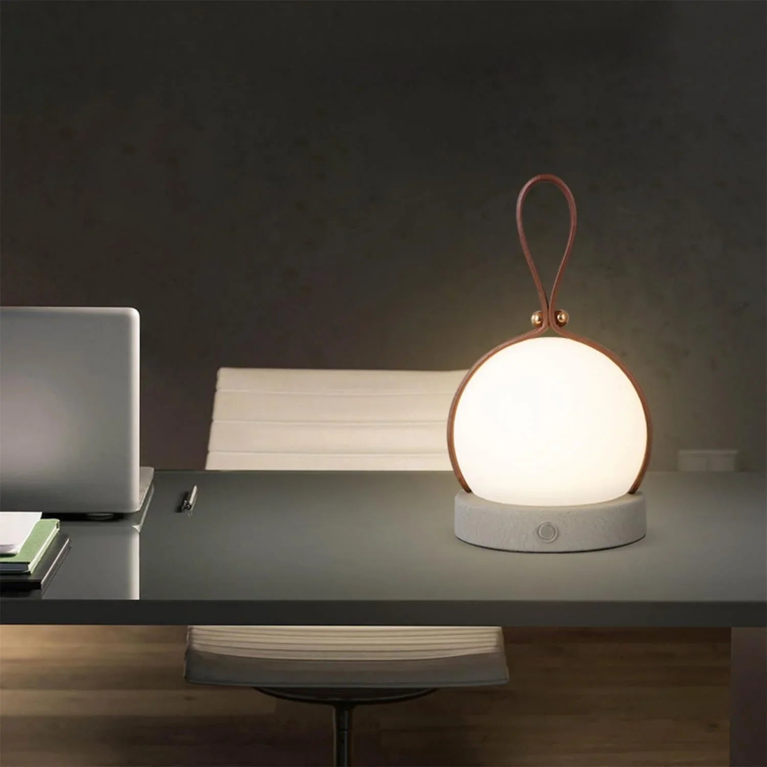 Modern bola lantern table lamp with leather handle on desk, YH Lamps home lighting