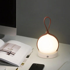 Modern YH Lamps bola lantern LED table lamp with brown handle on a desk, touch switch visible